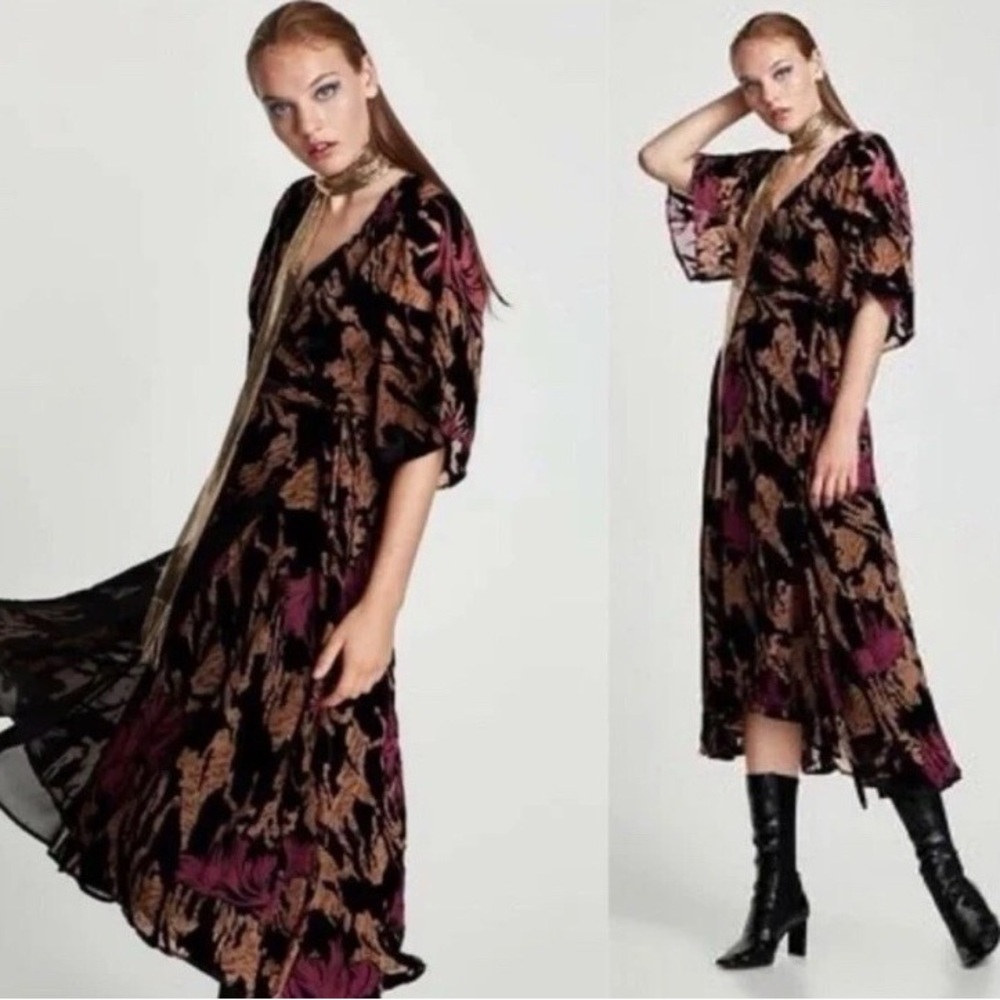 Zara Devore burnout velvet wrap midi dress